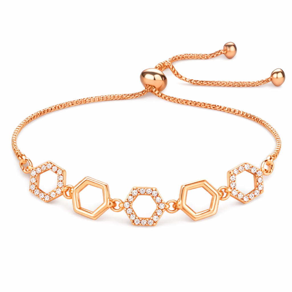 Nilu's Collection Rose Gold Plated Hexagon Shape with American Diamond Adjustable Bracelet for Women and Girls | Anti- Tranish | Anti -Allergy | Office Wear