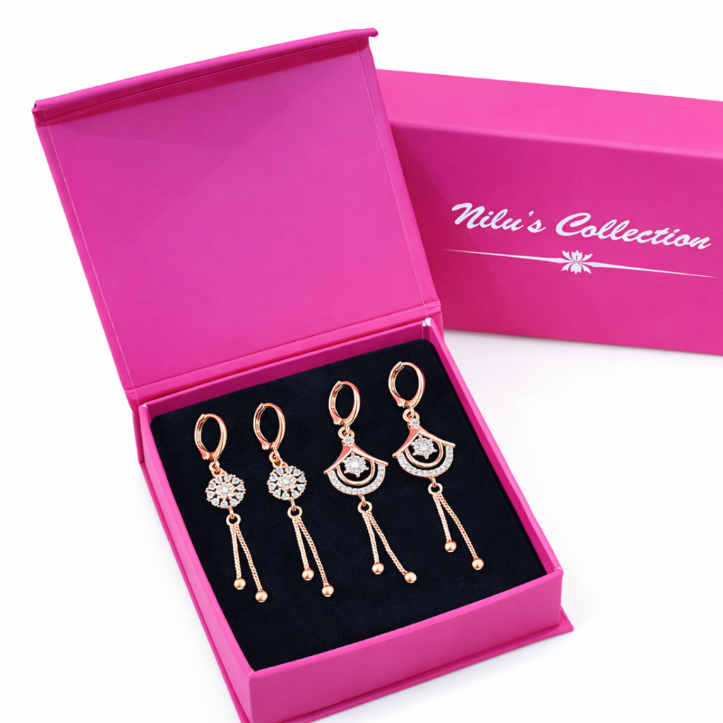 Gift Rose Gold Plated Drop Earrings Set With American Diamond For Women And Girls