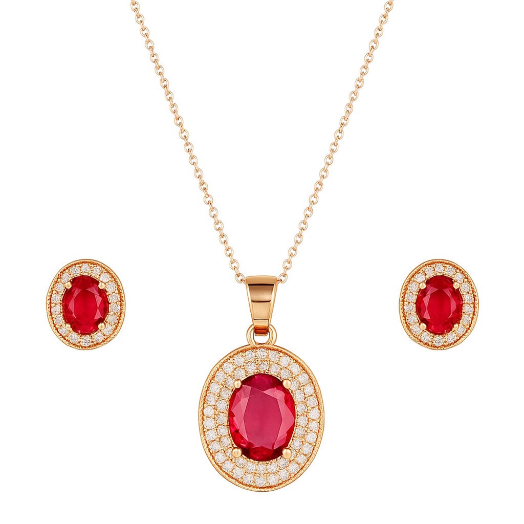 Rose Gold Plated Ruby Red Oval Pendant Necklace and Earring Set for Women and Girls