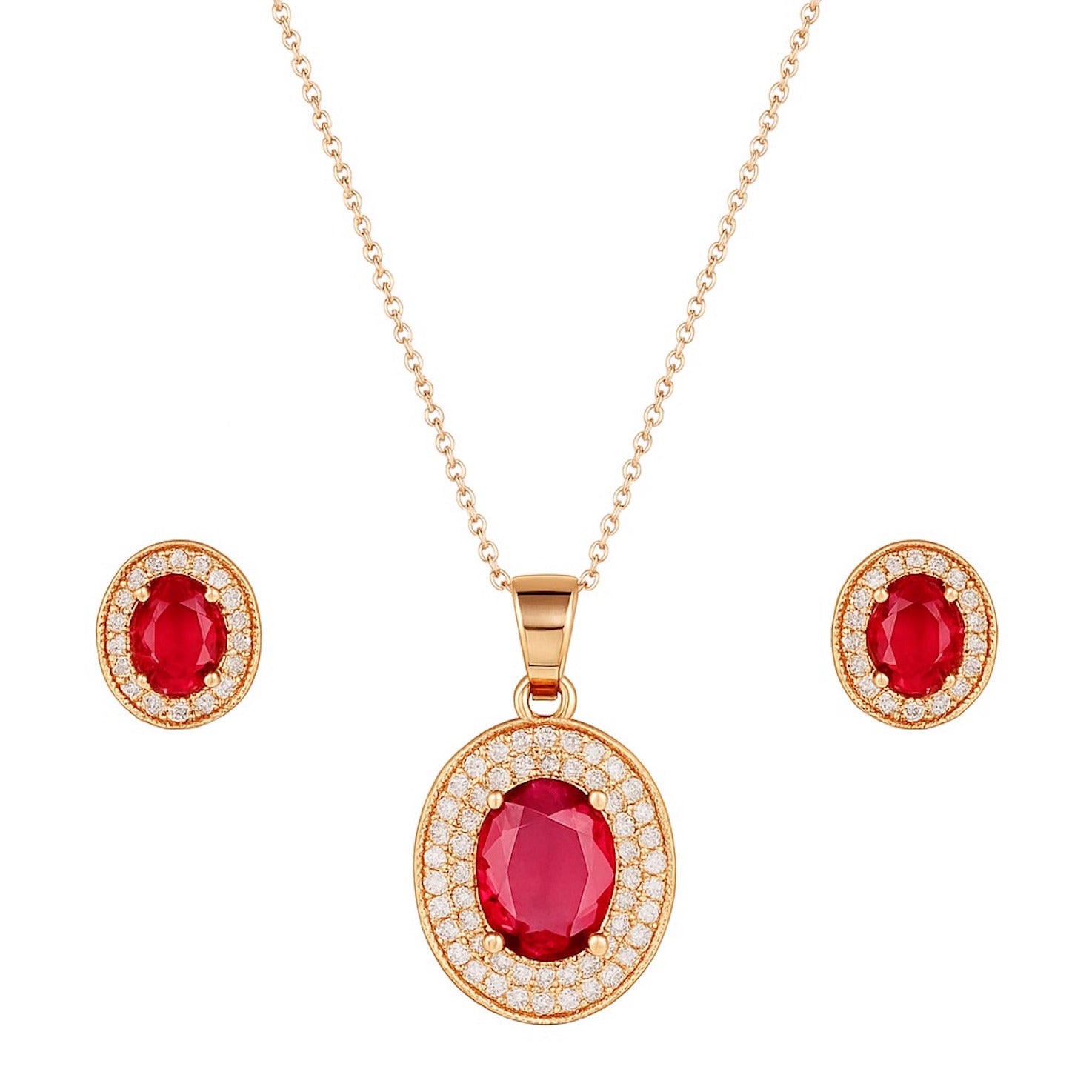 Rose Gold Plated Ruby Red Oval Pendant Necklace and Earring Set for Women and Girls