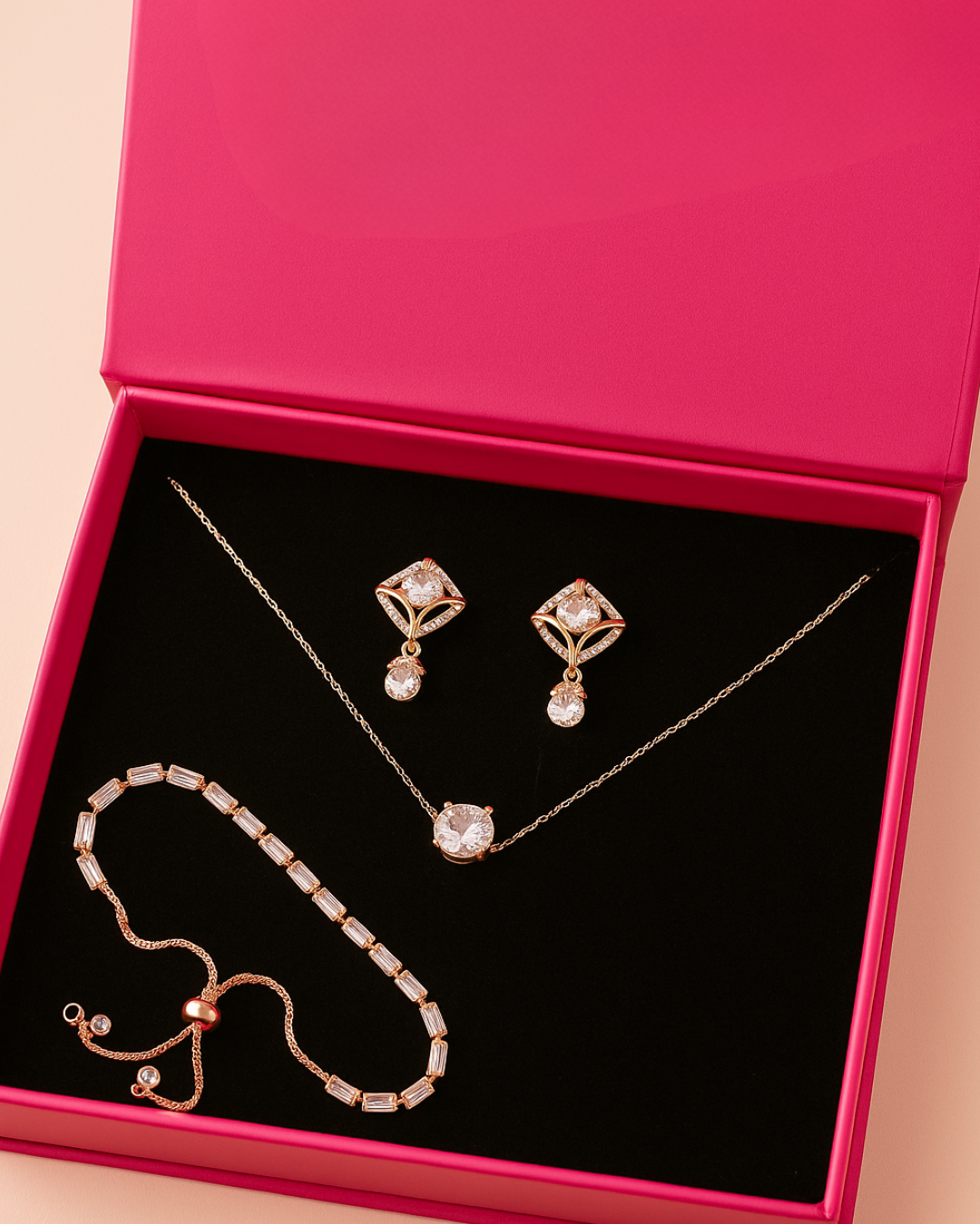 Gift Elegant Rose Gold Jewelry Set for Women – Necklace, Earrings & Bracelet with Sparkling AD Stones, Perfect Gift for Weddings,Functions & Anniversaries