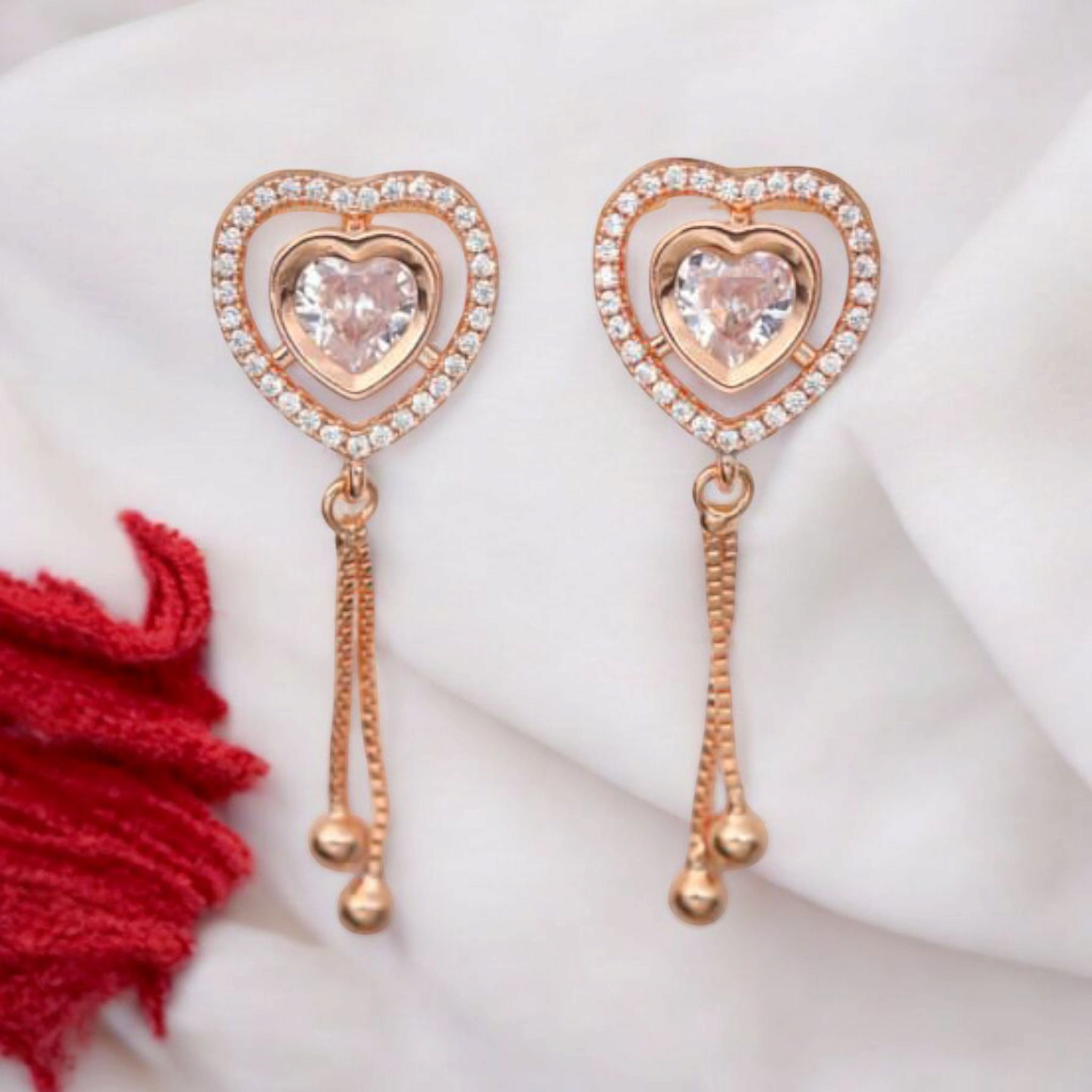 Rose Gold Plated Heart Drops Capture with American Diamond Earrings For Girls and Women | Gift For Girls |