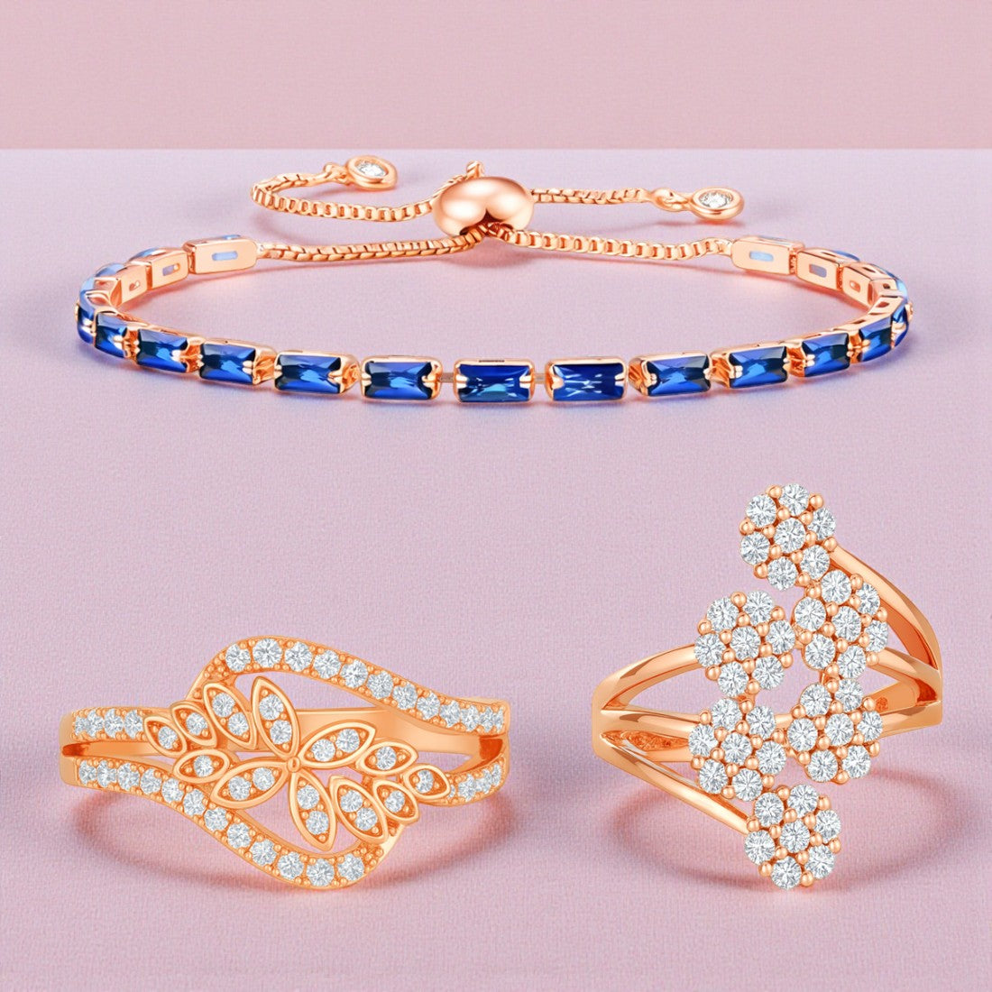 Subtle Trio Value Set|  Rose Gold Adjustable Bracelet With Rings For Girls