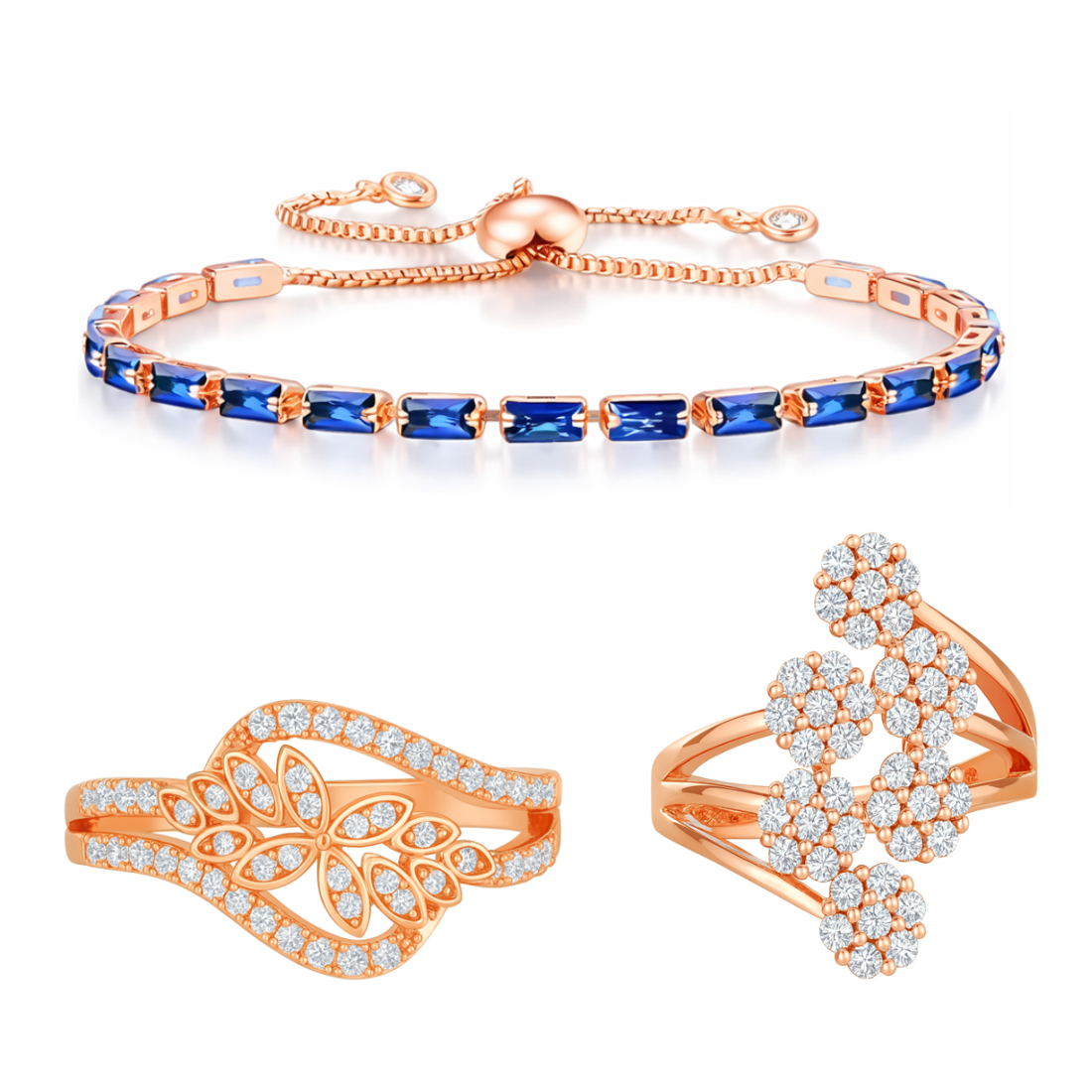 Subtle Trio Value Set|  Rose Gold Adjustable Bracelet With Rings For Girls