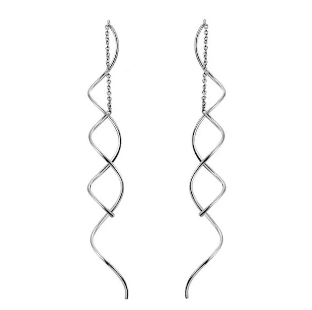 Spiral Threader Earrings for Women, Twisted Spiral Drop Dangle Earrings, Unique Minimal Everyday Earrings (Silver)
