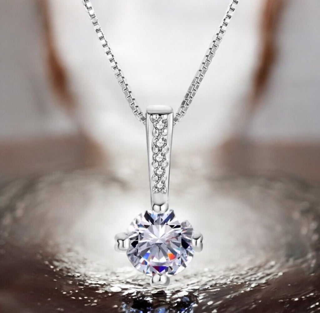 Silver Plated Solitaire Pendant Chain for Women & Girls, Cubic Zircon Pendant Locket (Silver)