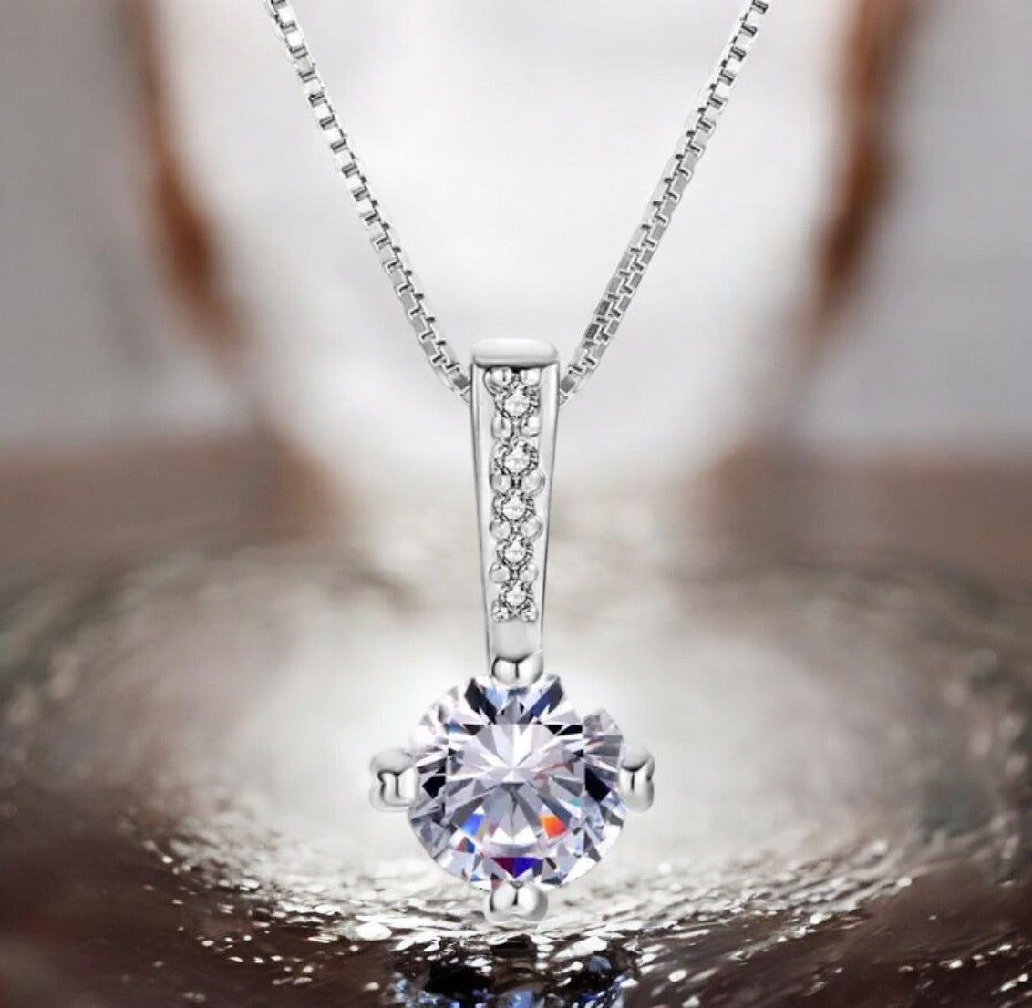 Silver Plated Solitaire Pendant Chain for Women & Girls, Cubic Zircon Pendant Locket (Silver)