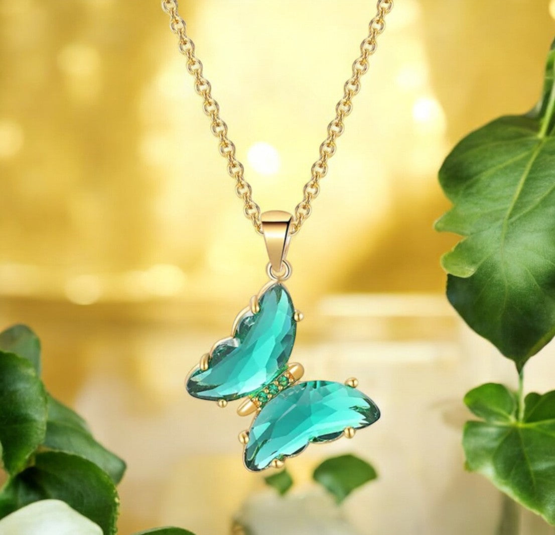 Elegant Gold Plated Butterfly Necklace for Women and Girls, Trendy Butterfly Jewelry (Green)