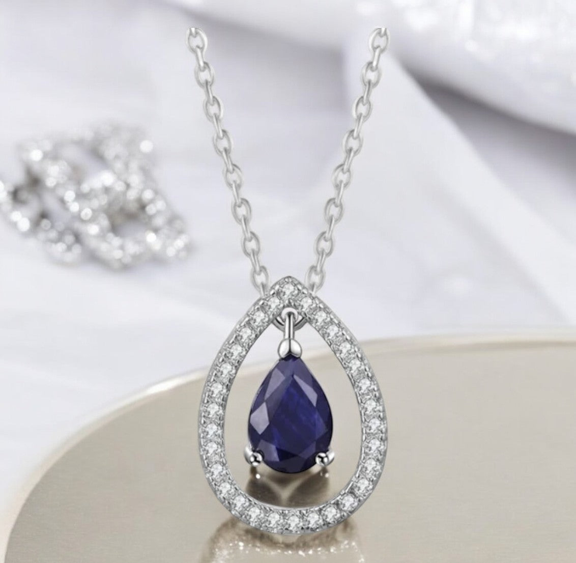 Silver Plated White Cubic Zirconia Studded Pendant for Women with Link Chain, Jewellery Gifts for Women & Girls (Silver with Blue Stone)