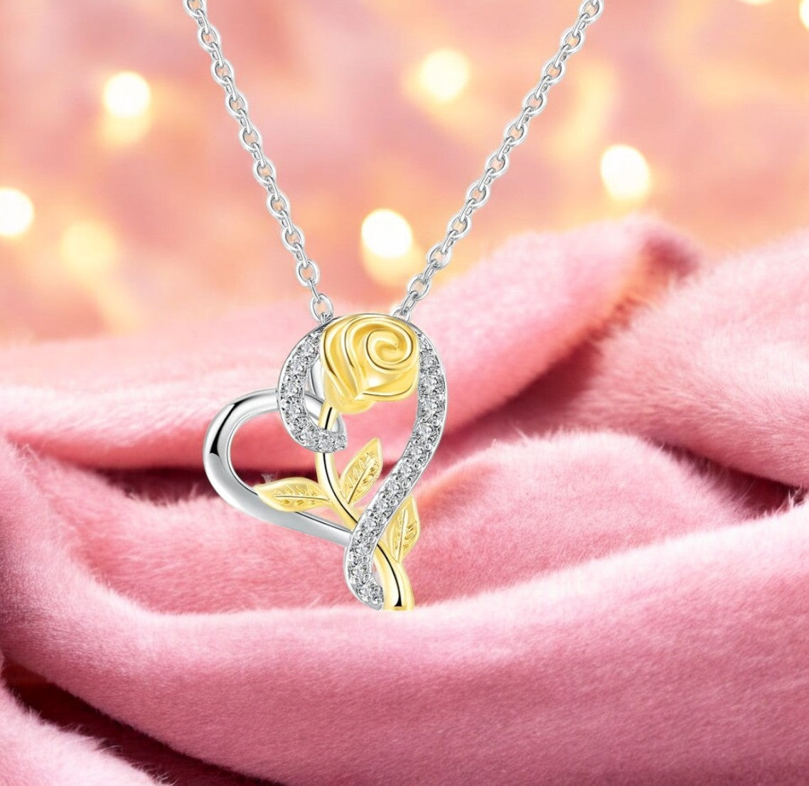 Stylish Silver Plated CZ Chain Pendent Set for Women, Heart Shaped Pendant with Rose Design (Silver & Gold)