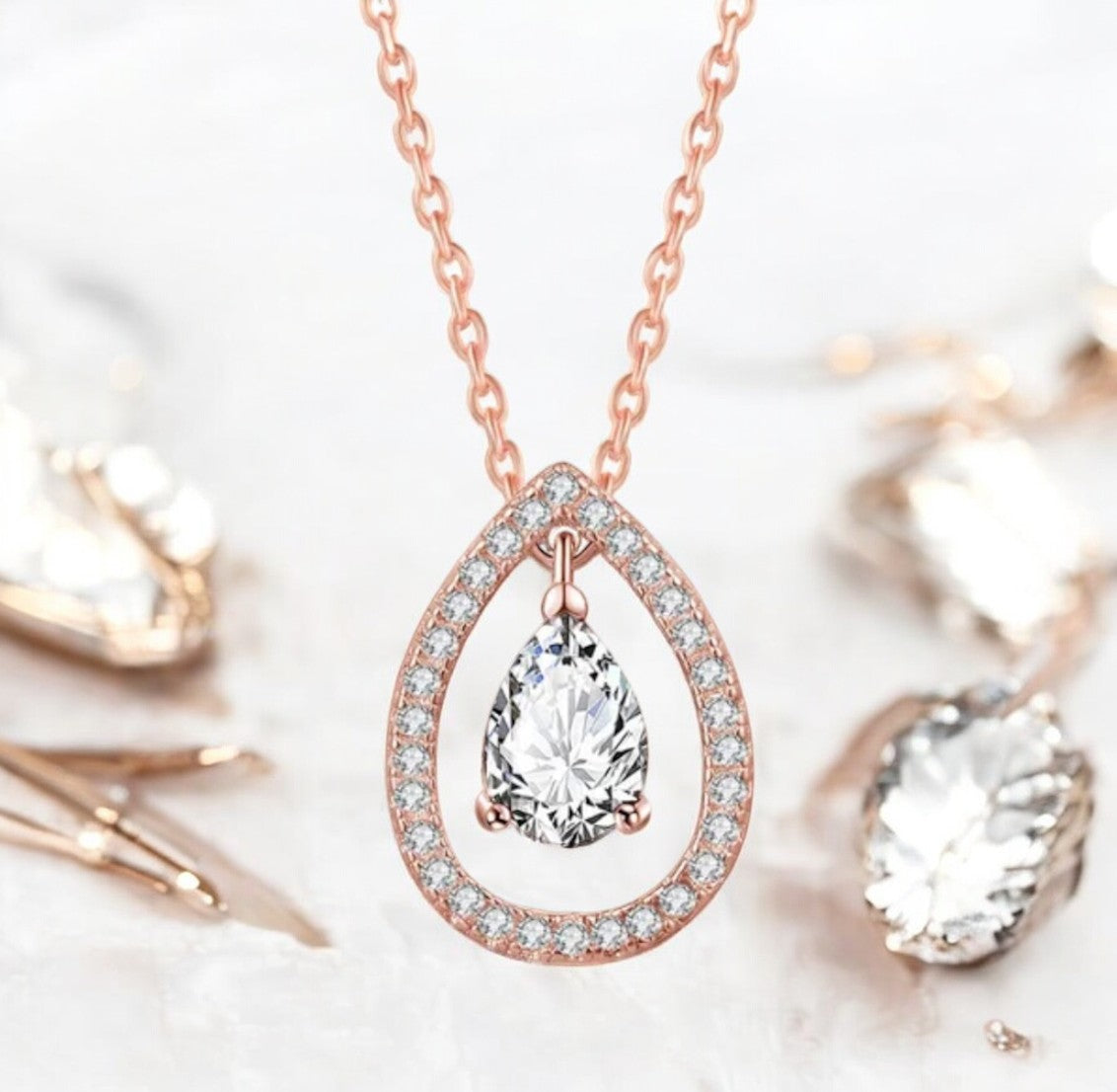 Rose Gold Plated White Cubic Zirconia Studded Pendant for Women with Link Chain, Jewellery Gifts for Women & Girls (Rose Gold)