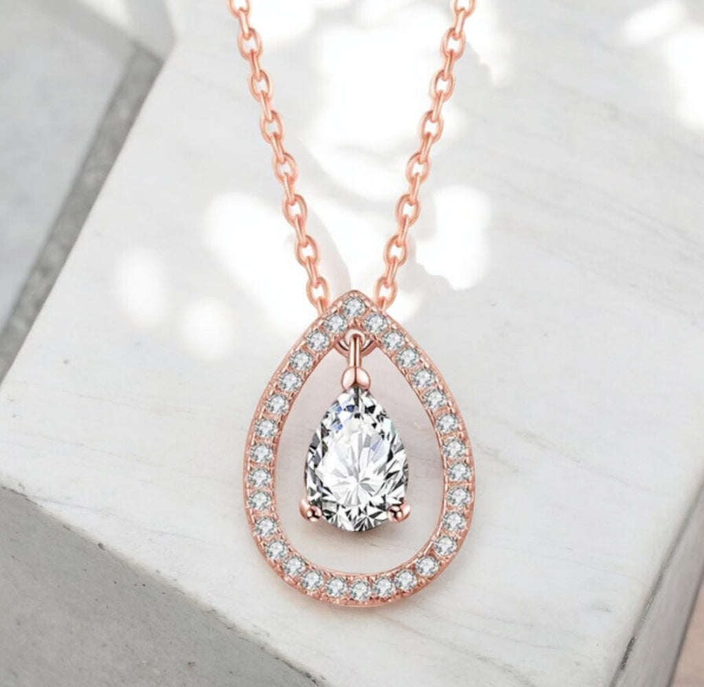 Rose Gold Plated White Cubic Zirconia Studded Pendant for Women with Link Chain, Jewellery Gifts for Women & Girls (Rose Gold)