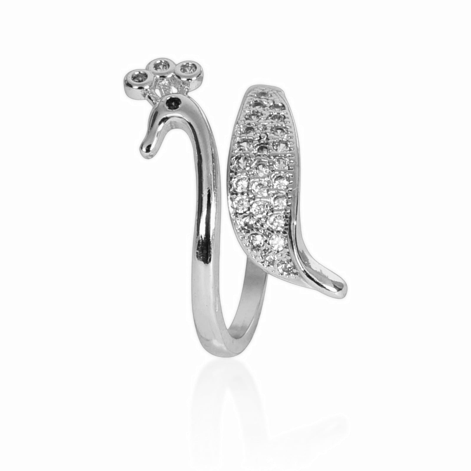 Silver Plated Elegant American Diamond Studded Sparkling Adjustable Finger Ring for Women and Girls