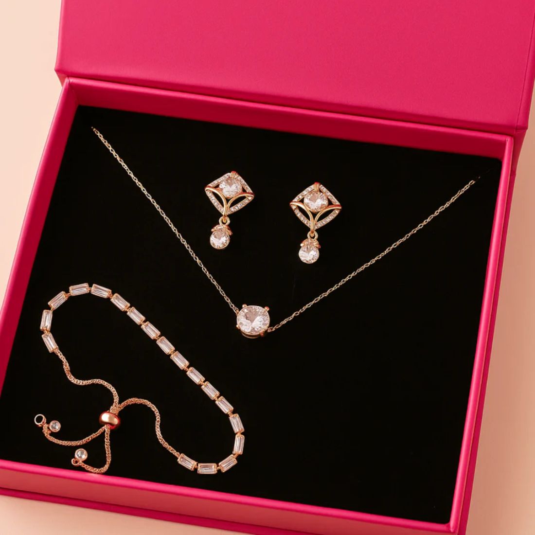 Gift Elegant Rose Gold Jewelry for Women – Necklace, Earrings & Bracelet with Sparkling AD Stones, Perfect Gift for Weddings,Functions & Anniversaries
