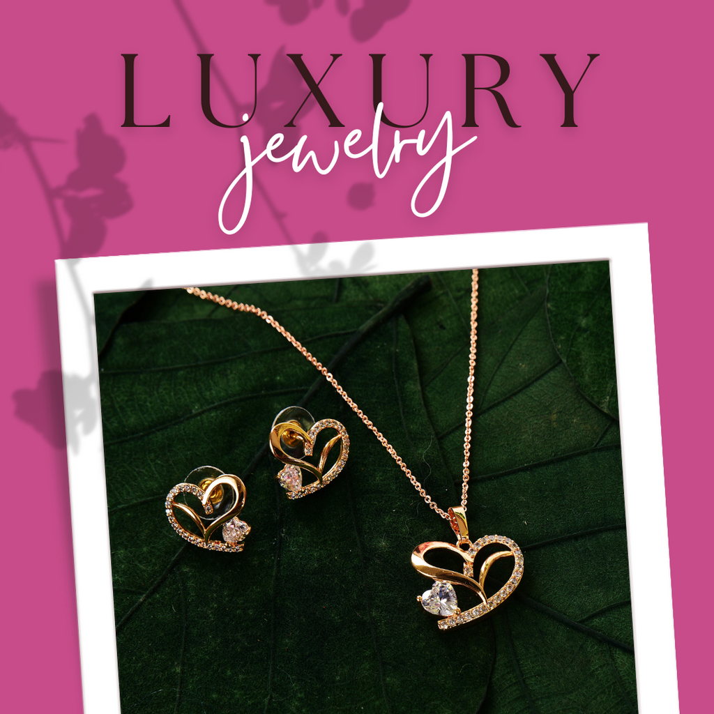 American Diamond Rose Gold Plated Love Shaped Pendant Necklace Set with Chain & Stud Earring for Girls and Women