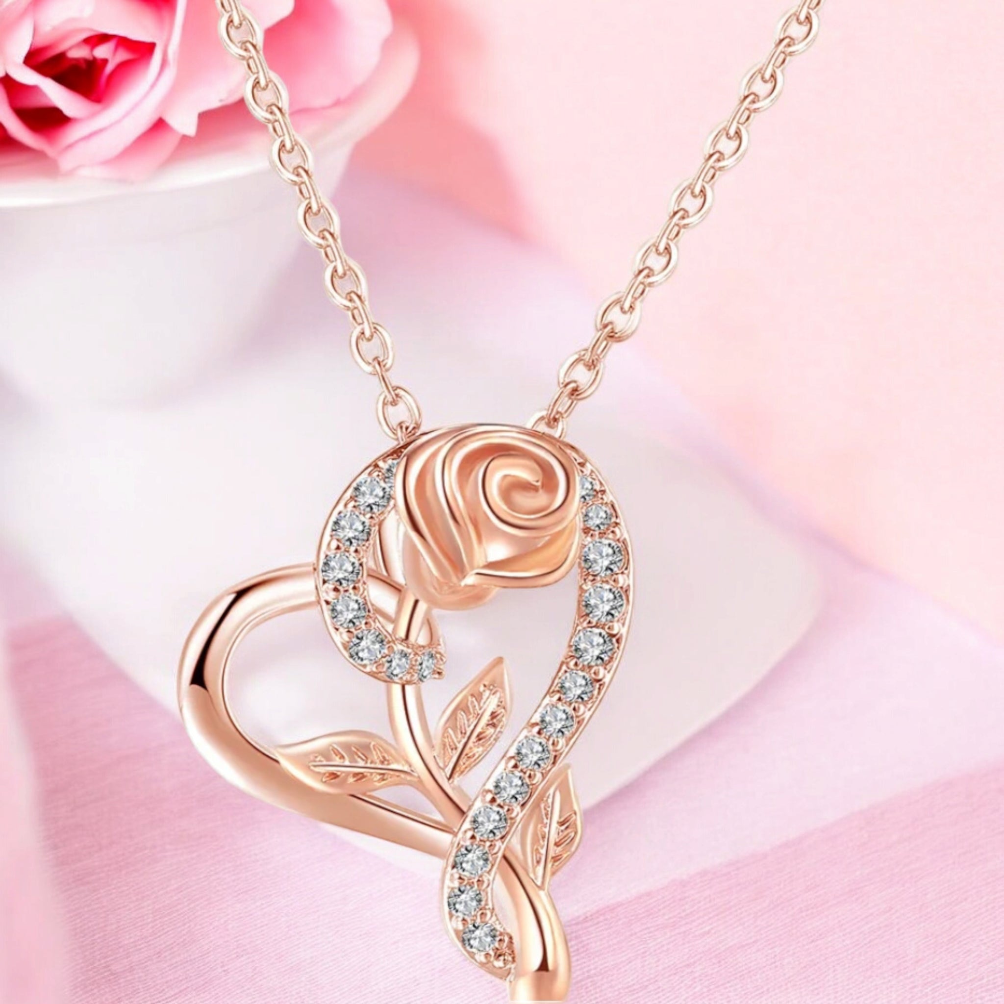 Stylish Rose gold plated CZ heart pendant with chain, Love Shaped necklace with Rose Design, Gift for her (Rose Gold)