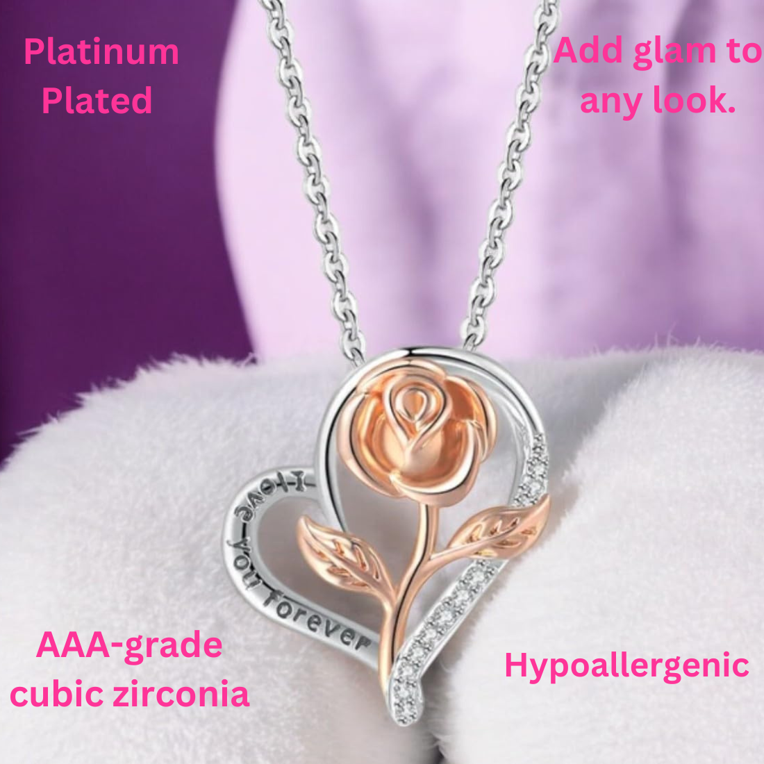 Stylish Silver Plated CZ Chain Pendent Set for Women, Heart Shaped Pendant with Rose Design (Silver & Rose Gold)