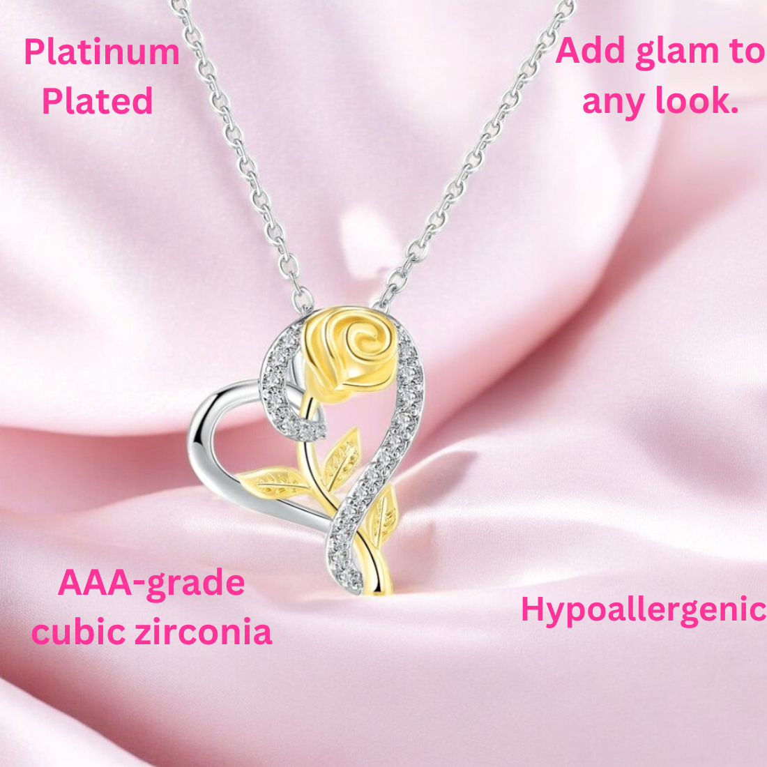 Stylish Silver Plated CZ Chain Pendent Set for Women, Heart Shaped Pendant with Rose Design (Silver & Gold)