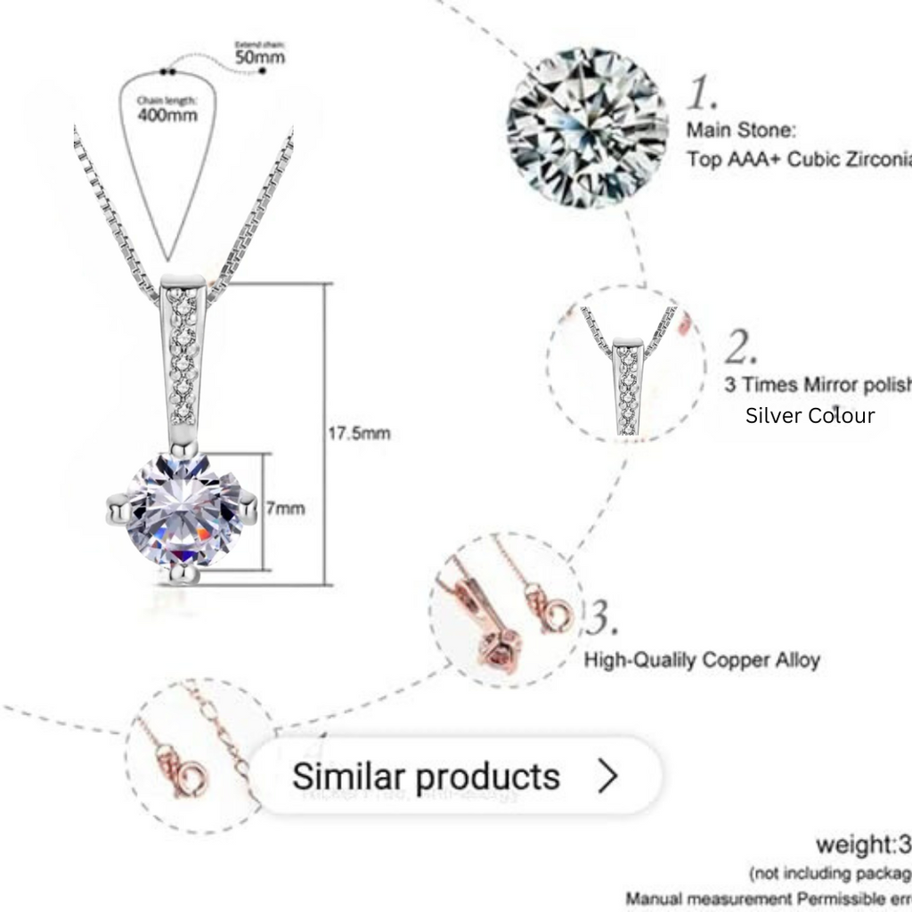 Silver Plated Solitaire Pendant Chain for Women & Girls, Cubic Zircon Pendant Locket (Silver)