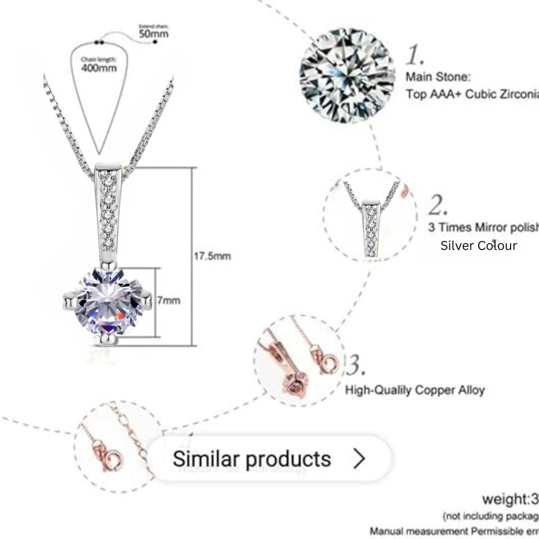 Silver Plated Solitaire Pendant Chain for Women & Girls, Cubic Zircon Pendant Locket (Silver)