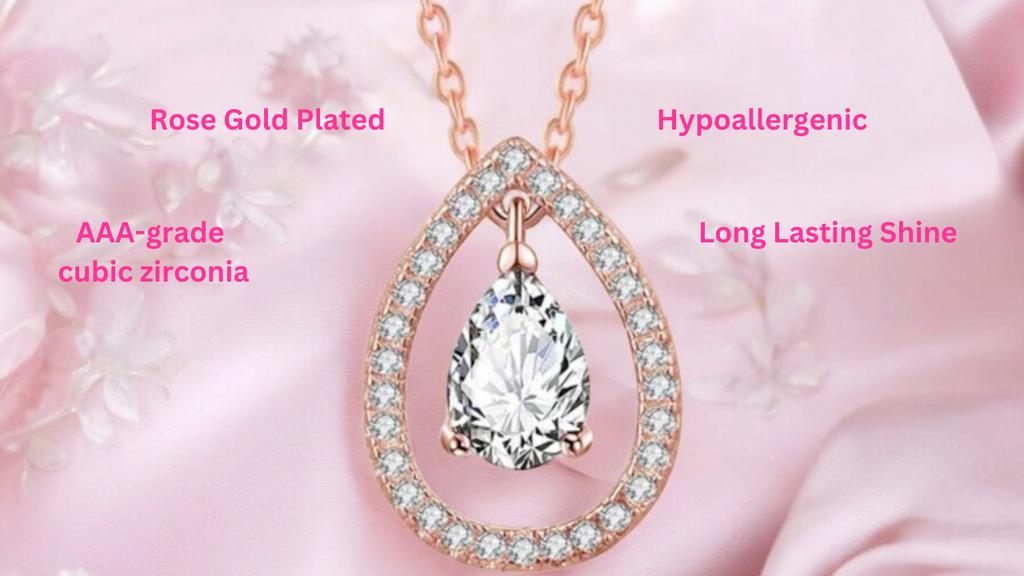 Rose Gold Plated White Cubic Zirconia Studded Pendant for Women with Link Chain, Jewellery Gifts for Women & Girls (Rose Gold)