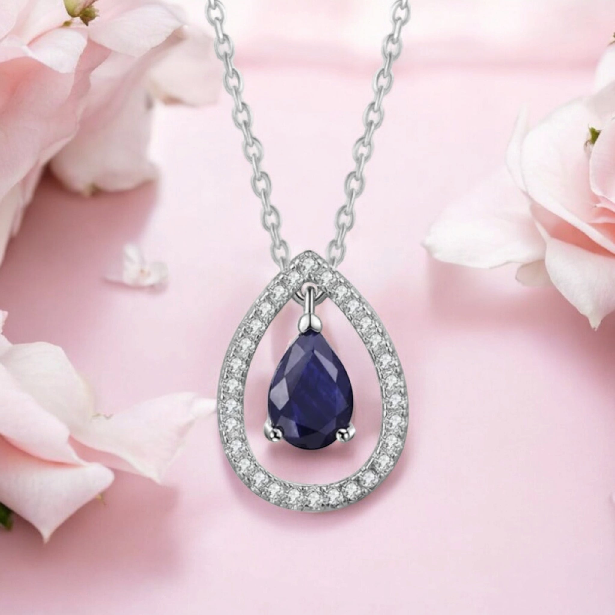 Silver Plated White Cubic Zirconia Studded Pendant for Women with Link Chain, Jewellery Gifts for Women & Girls (Silver with Blue Stone)