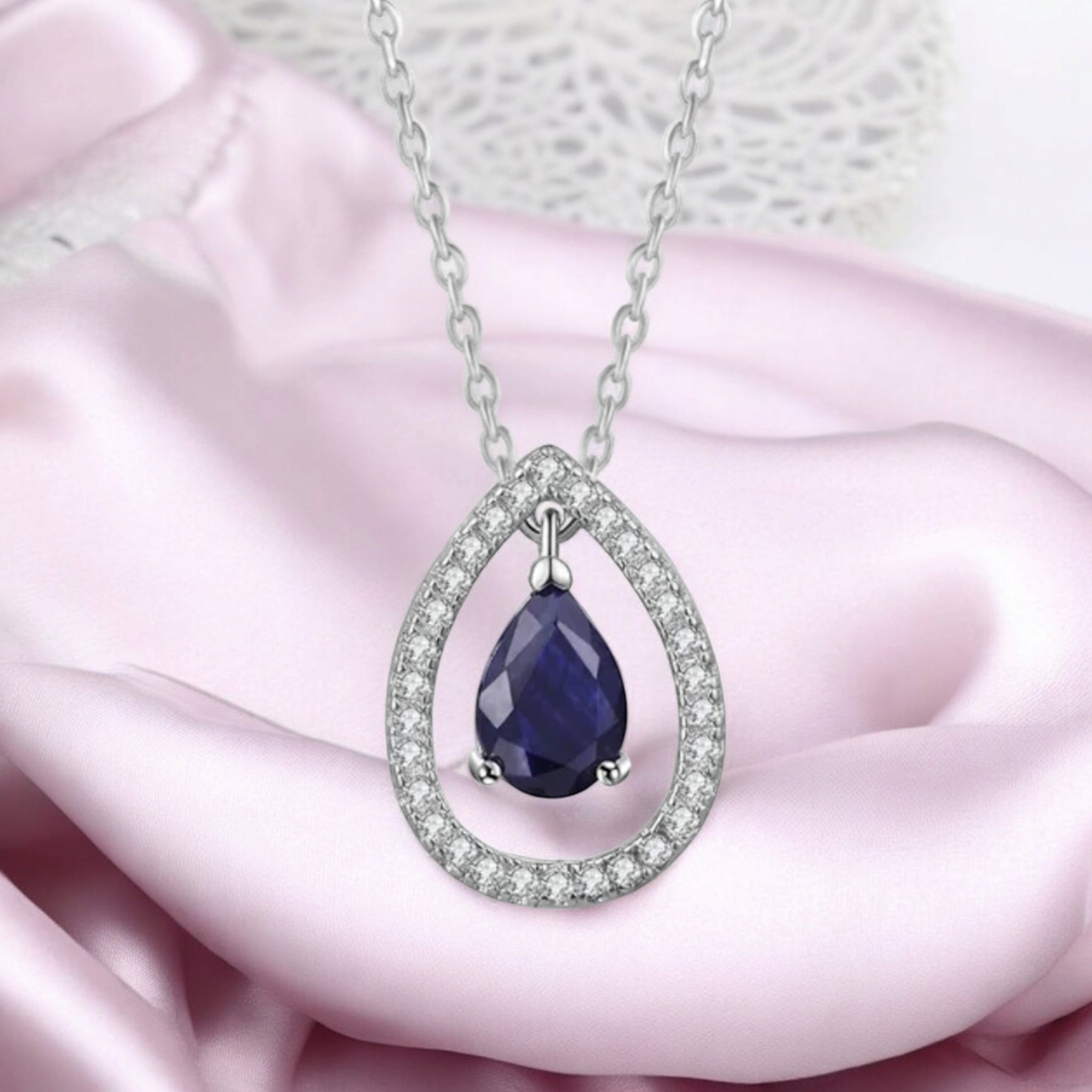 Silver Plated White Cubic Zirconia Studded Pendant for Women with Link Chain, Jewellery Gifts for Women & Girls (Silver with Blue Stone)