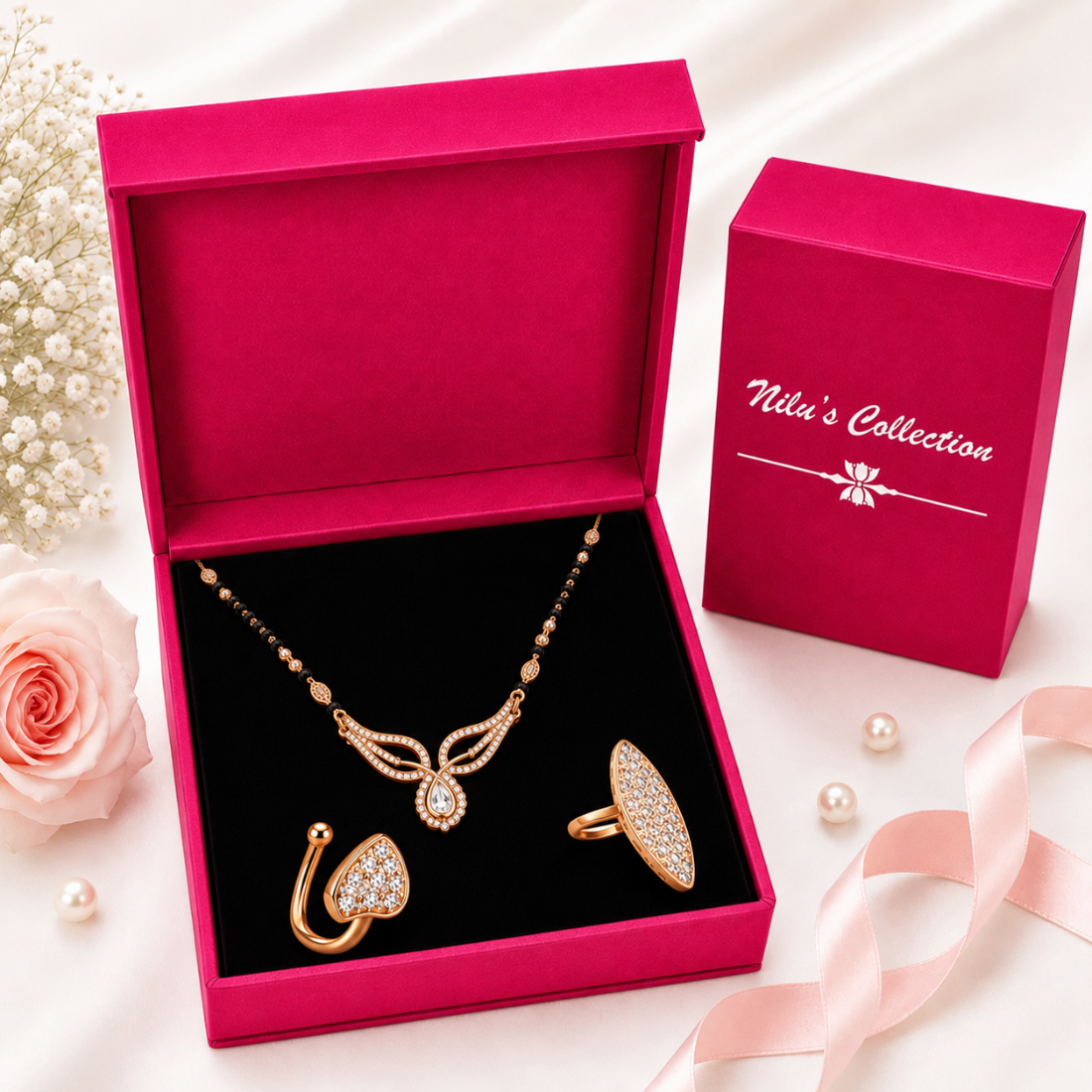 Rose Gold Mangalsutra with Nose Pin & Ring