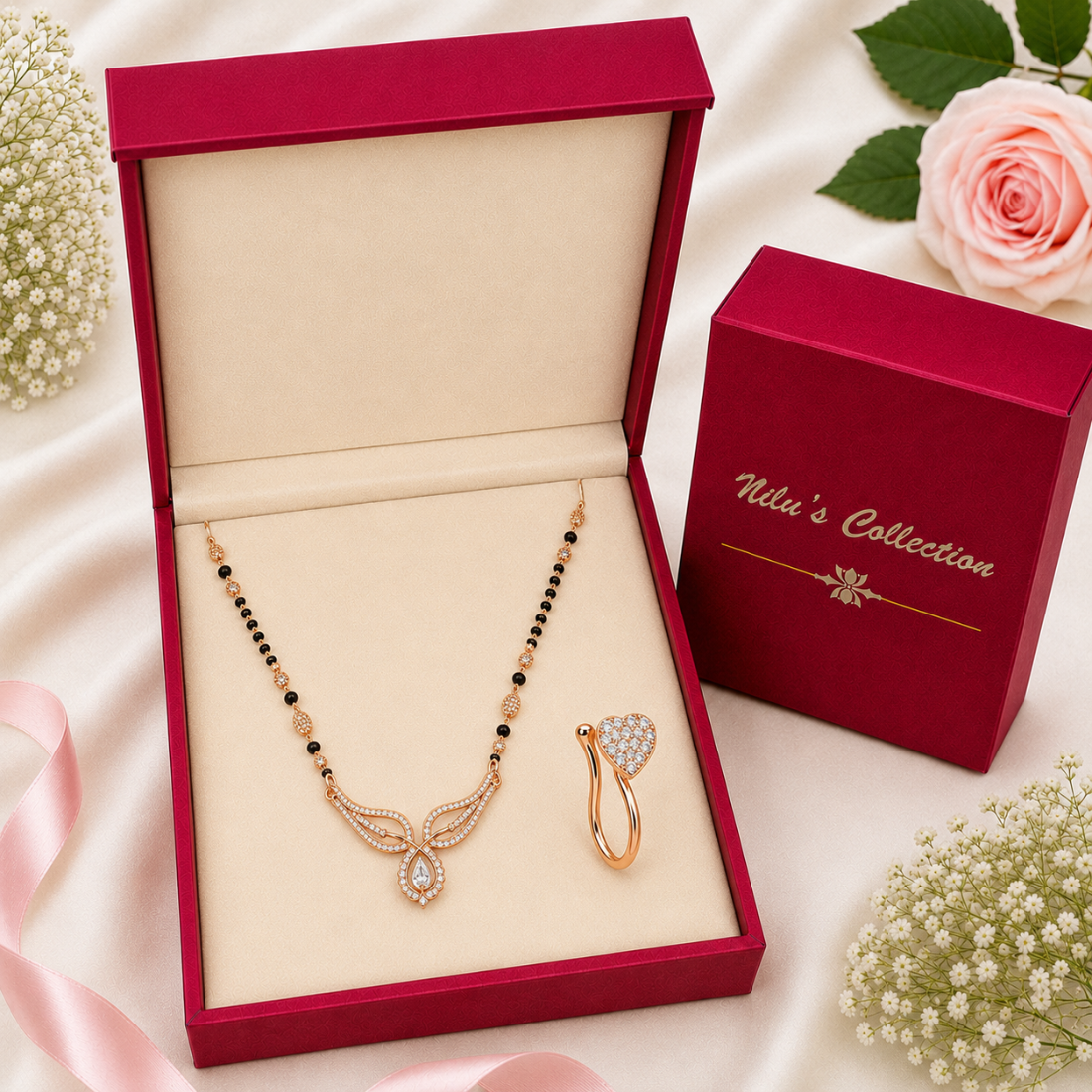 Rose Gold Mangalsutra & Heart Nose Pin