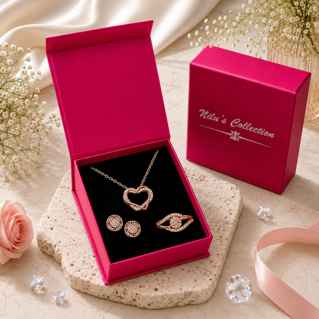 Harmony Hues Value Set| Rose Gold Jewellery Set  Elegant Necklace, Earrings & Ring for Women & Girls