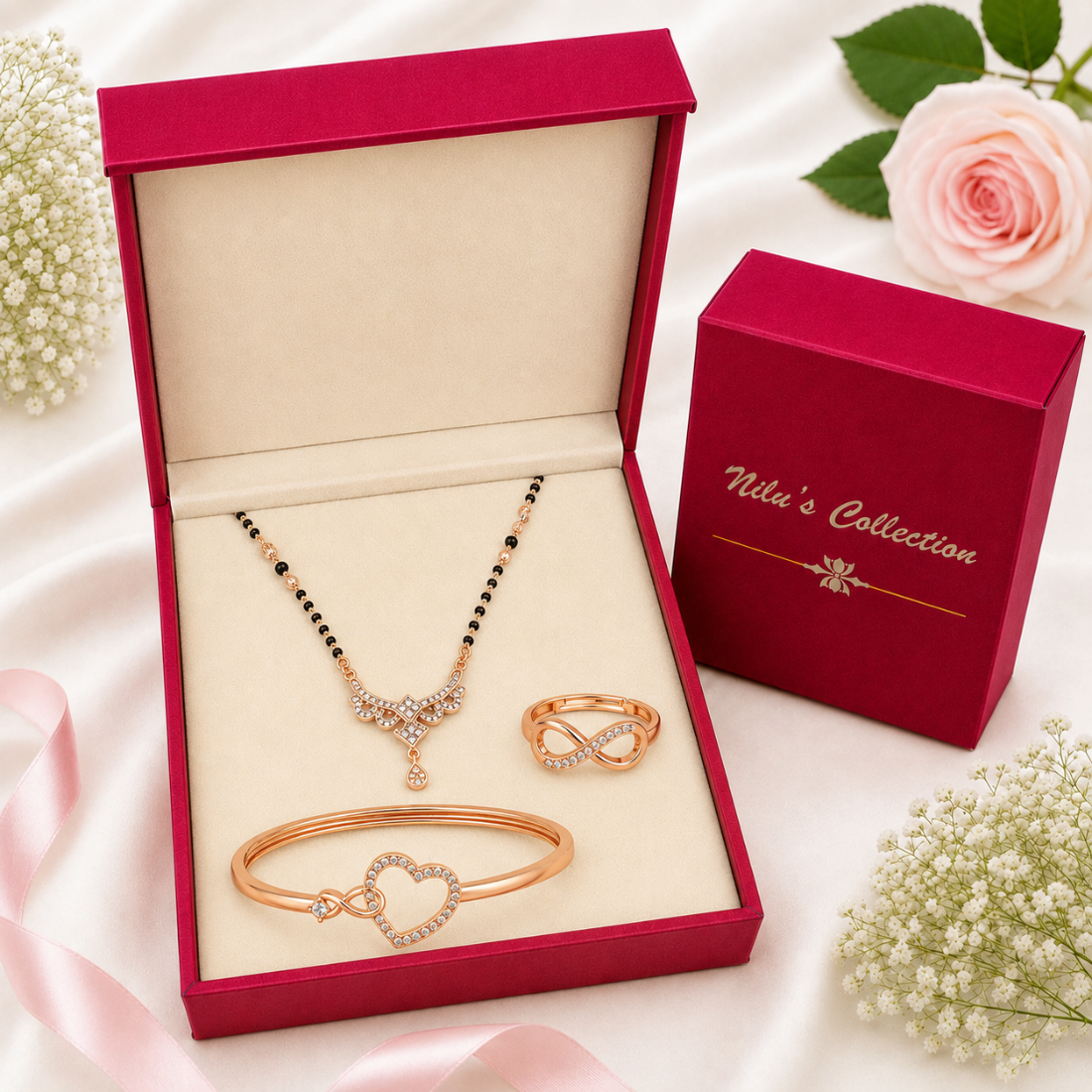 Rose Gold Heart Bracelet with Infinity Ring & Mangalsutra
