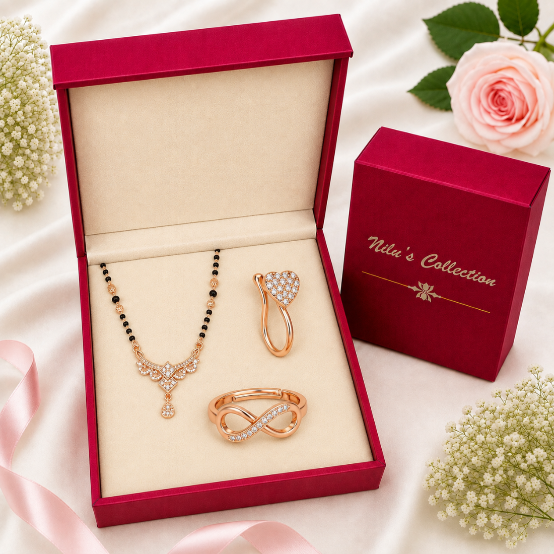 Rose Gold Mangalsutra With Nosepin And Ring