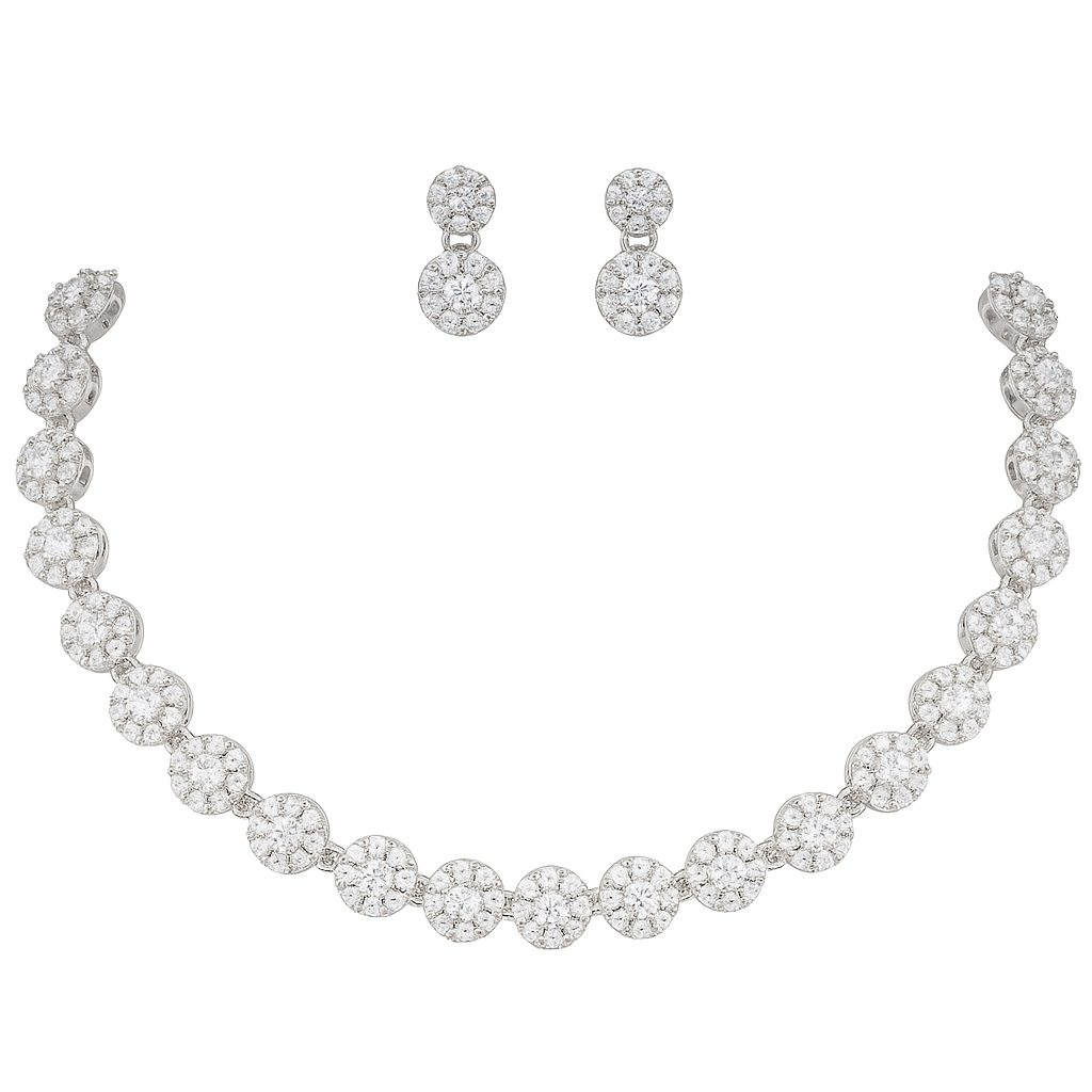 Silver Plated American Diamond Stone Studded | Anti Tarnish Jewellery Set for Women and Girls | Matching Earrings | Perfect for Weddings and Special Occasions