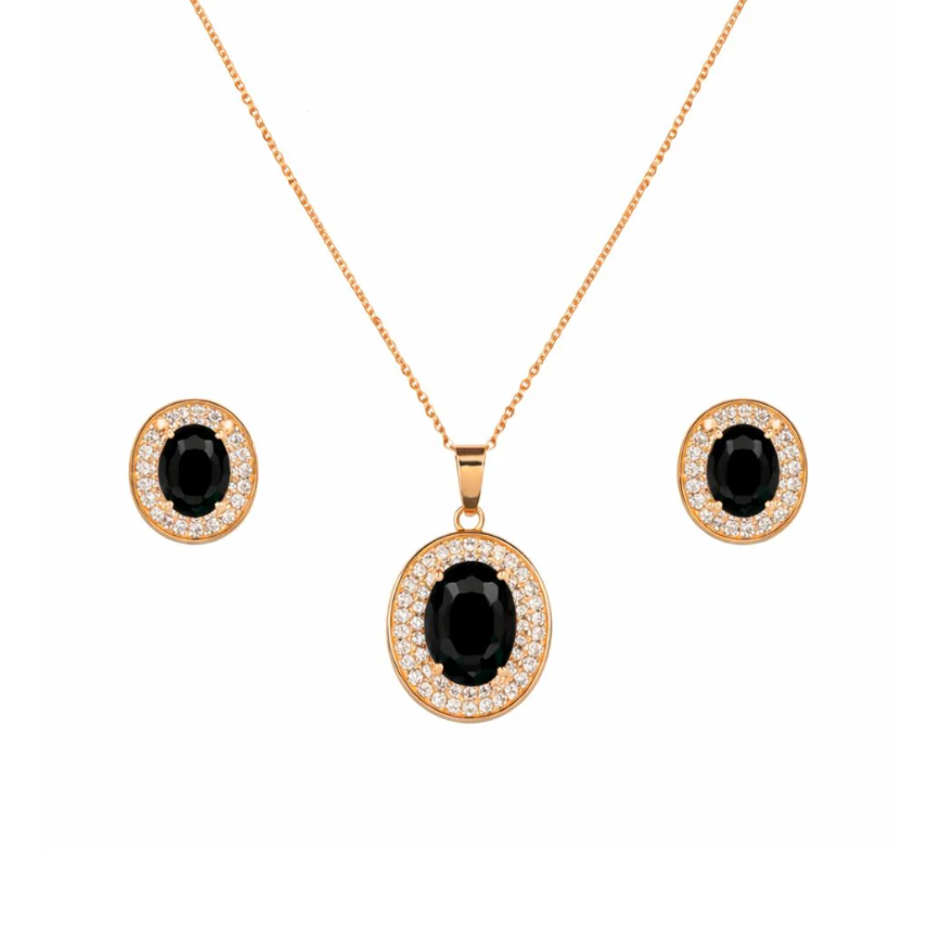 Rose Gold Plated Ruby Red Oval Pendant Necklace and Earring Set for Women and Girls