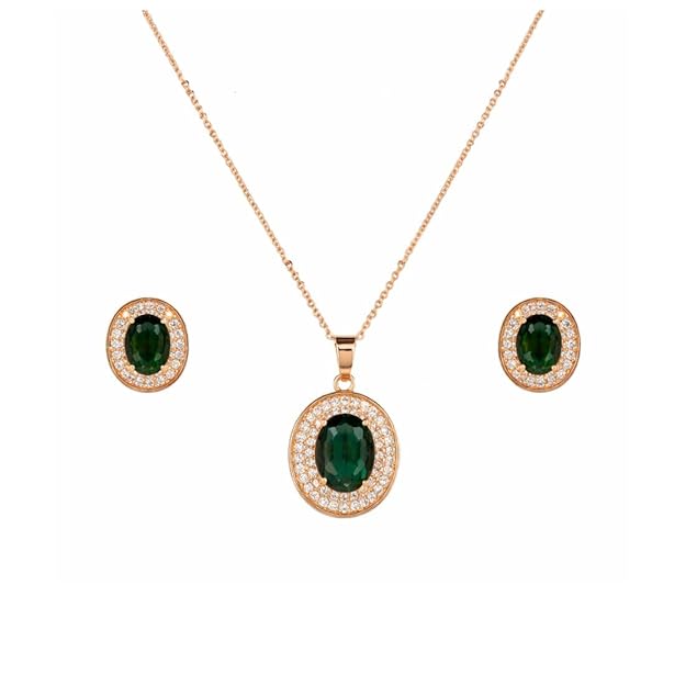 Rose Gold Plated Ruby Red Oval Pendant Necklace and Earring Set for Women and Girls