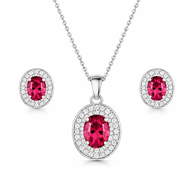 Rose Gold Plated Ruby Red Oval Pendant Necklace and Earring Set for Women and Girls