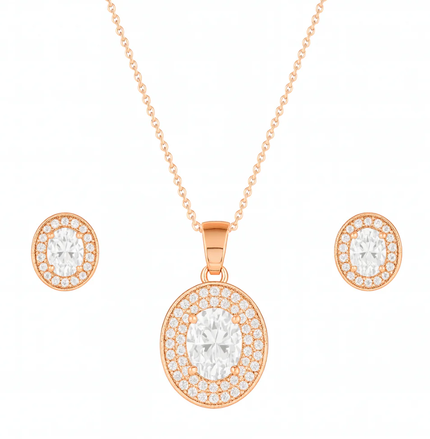 Rose Gold Plated Ruby Red Oval Pendant Necklace and Earring Set for Women and Girls