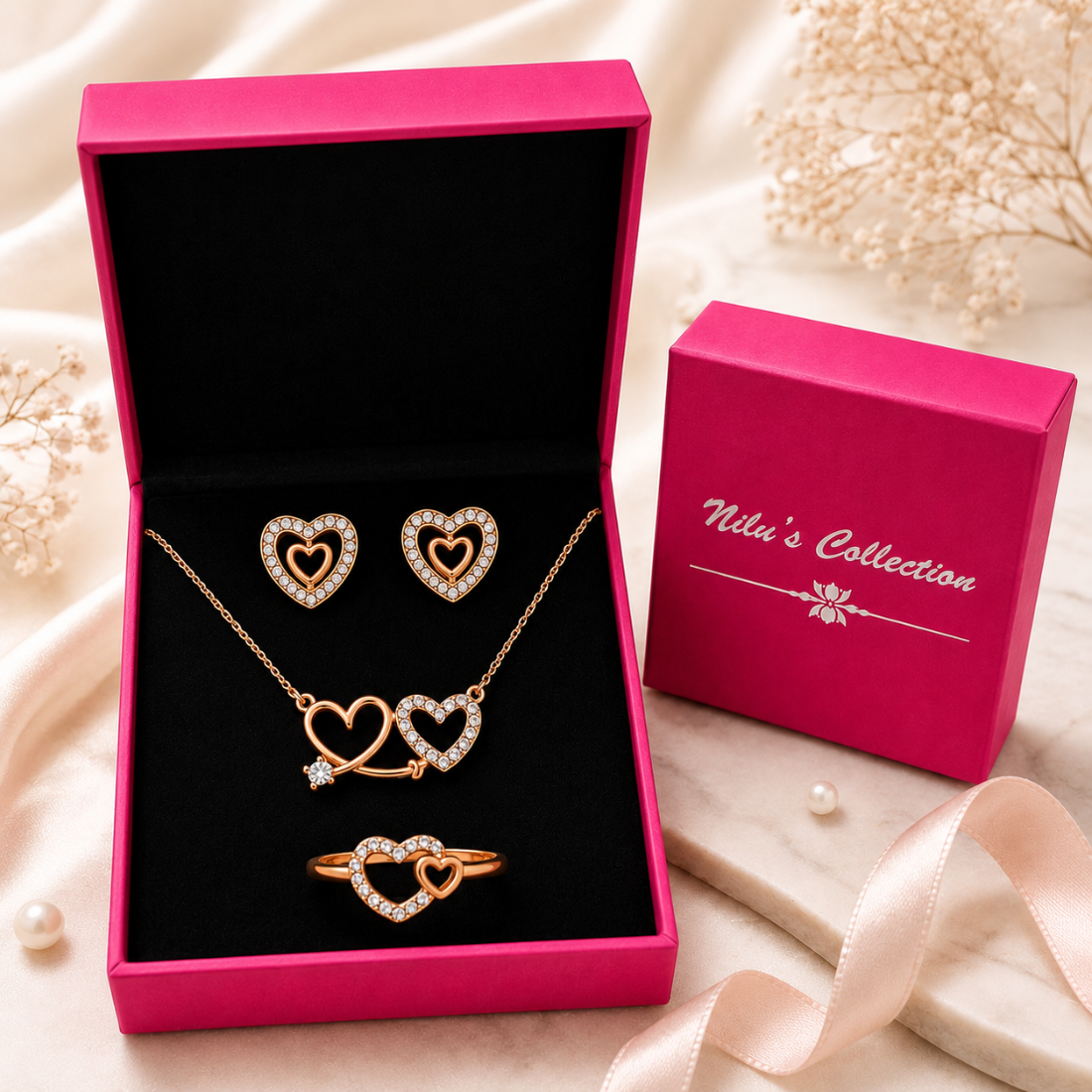 Harmony Hues Valentine Special Rose Gold Plated Heart Shaped Jewellery Value Set For Women And Girls | Pendant | Earrings | Ring