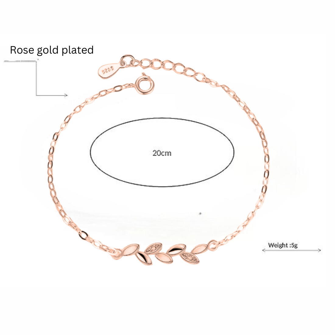 Rose Gold Plated Adjustable Leaf Charm Crystal Bracelet for Women & Girls