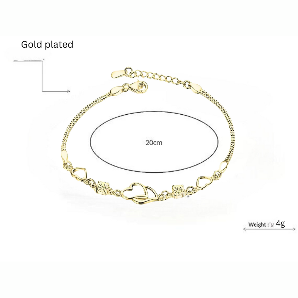 Double Heart Shape Gold Plated CZ Crystal Bracelet, Gift for Loved One, Valentine's Day Gift
