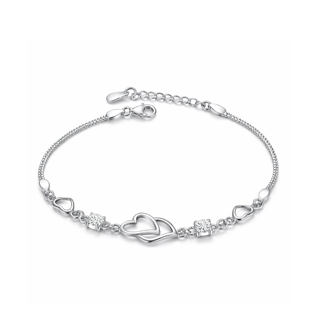 Double Heart Shape Silver Plated CZ Crystal Bracelet for Women & Girls