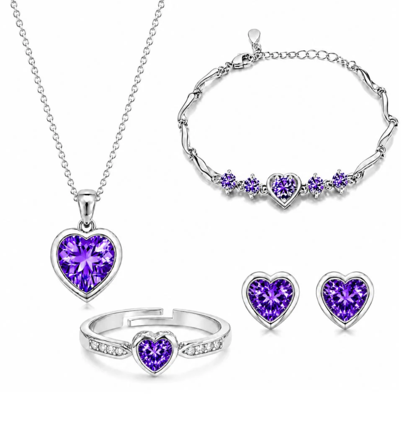 Rose Gold Purple Heart Jewelry Set