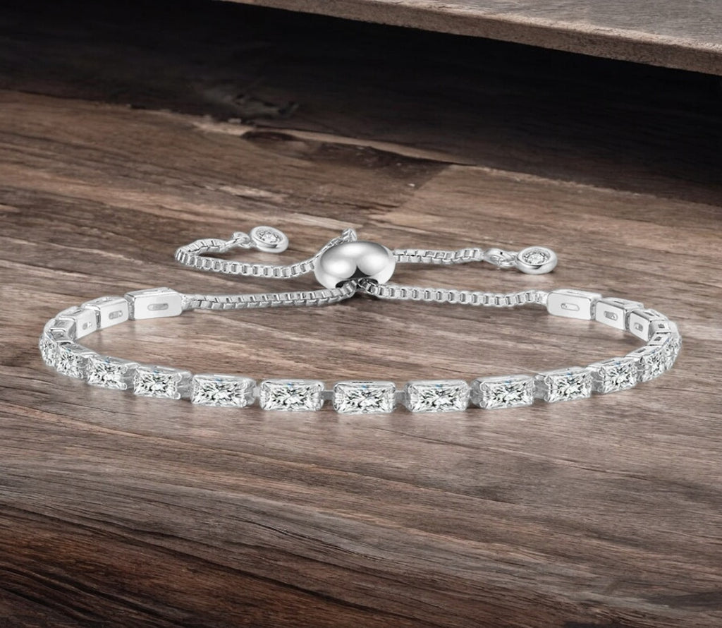 Tennis Bracelet| Silver Plated Cubic Zirconia Adjustable Bracelet| Stylish Fashion Jewellery Gift for Girls & Women (Silver-White)