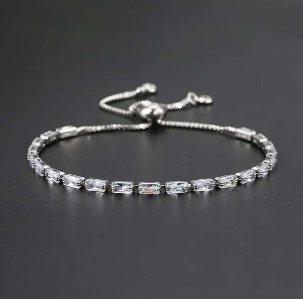 Tennis Bracelet| Silver Plated Cubic Zirconia Adjustable Bracelet| Stylish Fashion Jewellery Gift for Girls & Women (Silver-White)