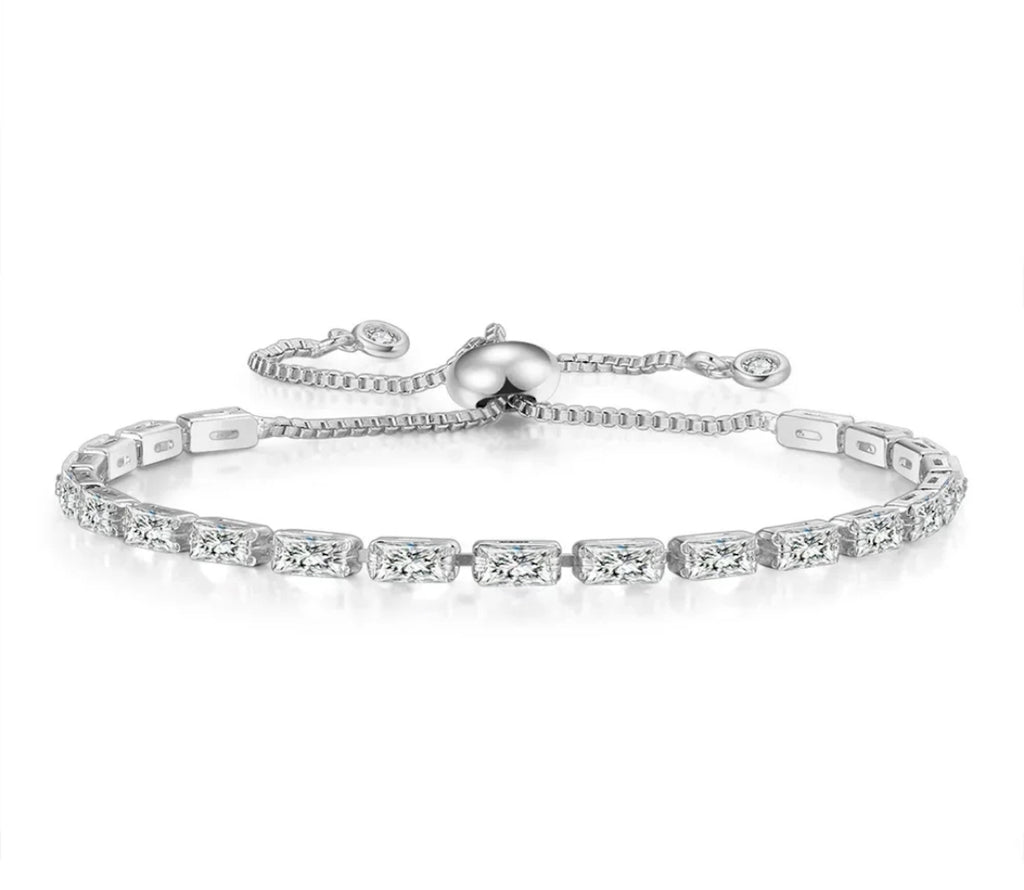 Tennis Bracelet| Silver Plated Cubic Zirconia Adjustable Bracelet| Stylish Fashion Jewellery Gift for Girls & Women (Silver-White)