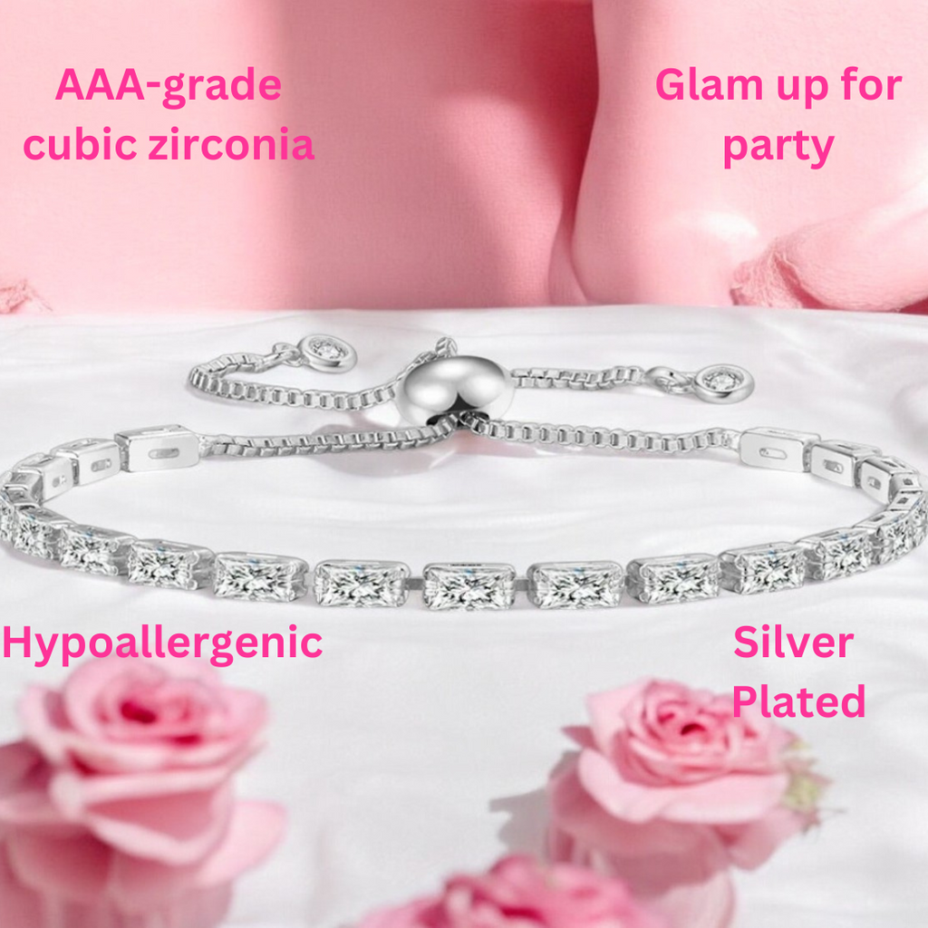 Tennis Bracelet| Silver Plated Cubic Zirconia Adjustable Bracelet| Stylish Fashion Jewellery Gift for Girls & Women (Silver-White)