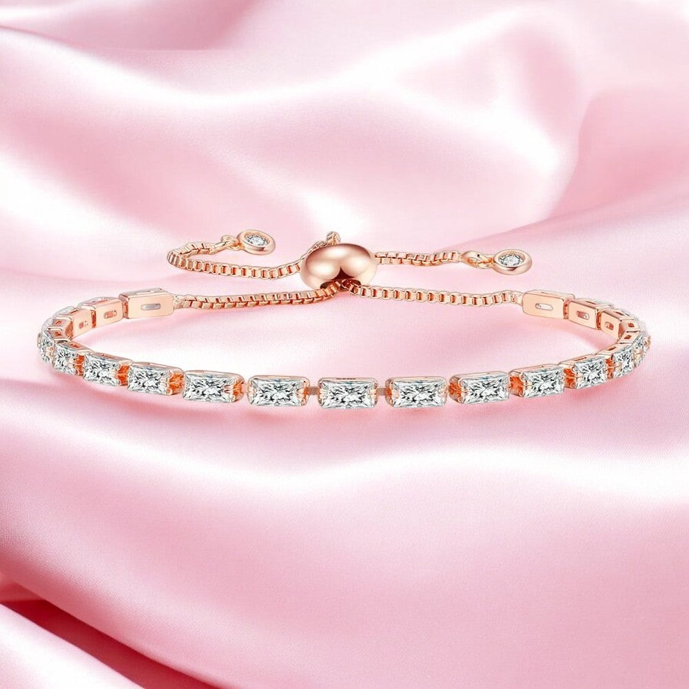 Tennis Bracelet | Rose Gold Plated Cubic Zirconia Adjustable Bracelet| Stylish Fashion Jewellery Gift for Girls & Women (White)