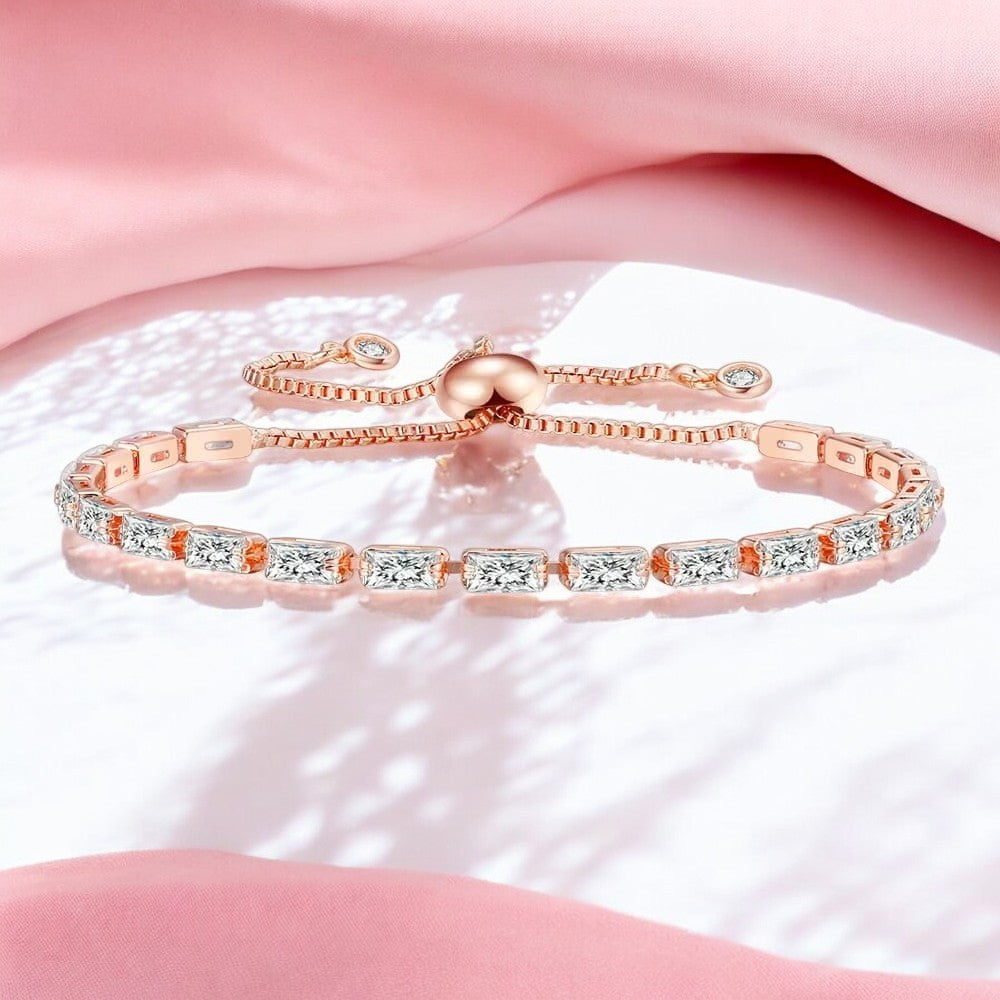 Tennis Bracelet | Rose Gold Plated Cubic Zirconia Adjustable Bracelet| Stylish Fashion Jewellery Gift for Girls & Women (White)