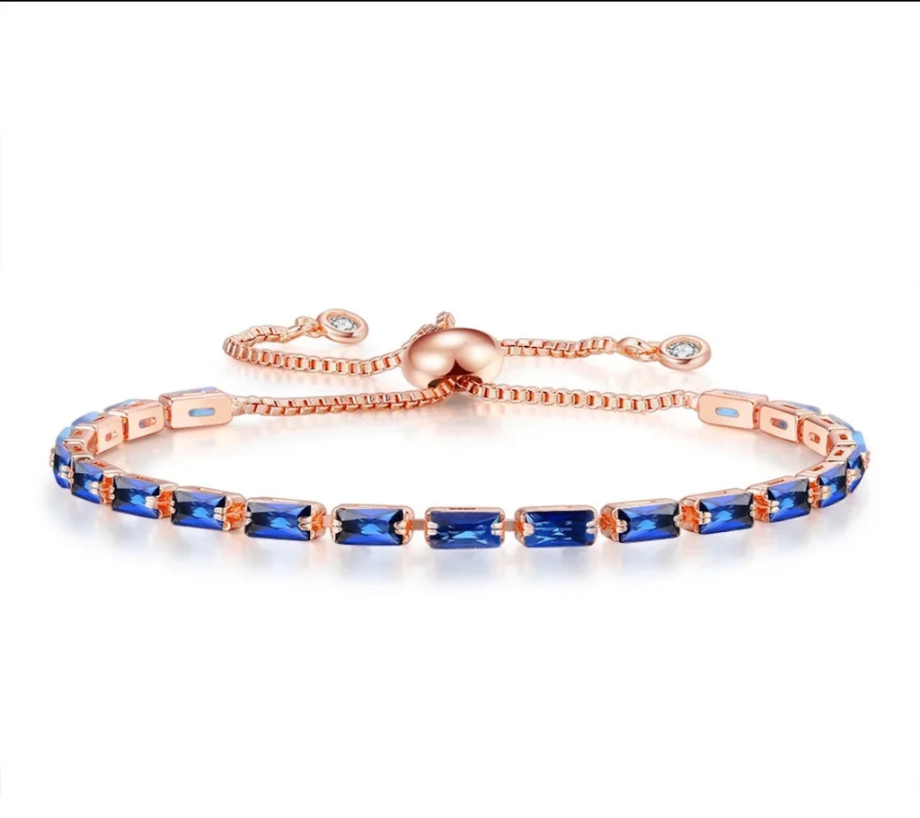 Tennis Bracelet| Rose Gold Plated Cubic Zirconia Adjustable Bracelet| Stylish Fashion Jewellery Gift for Girls & Women (Blue)