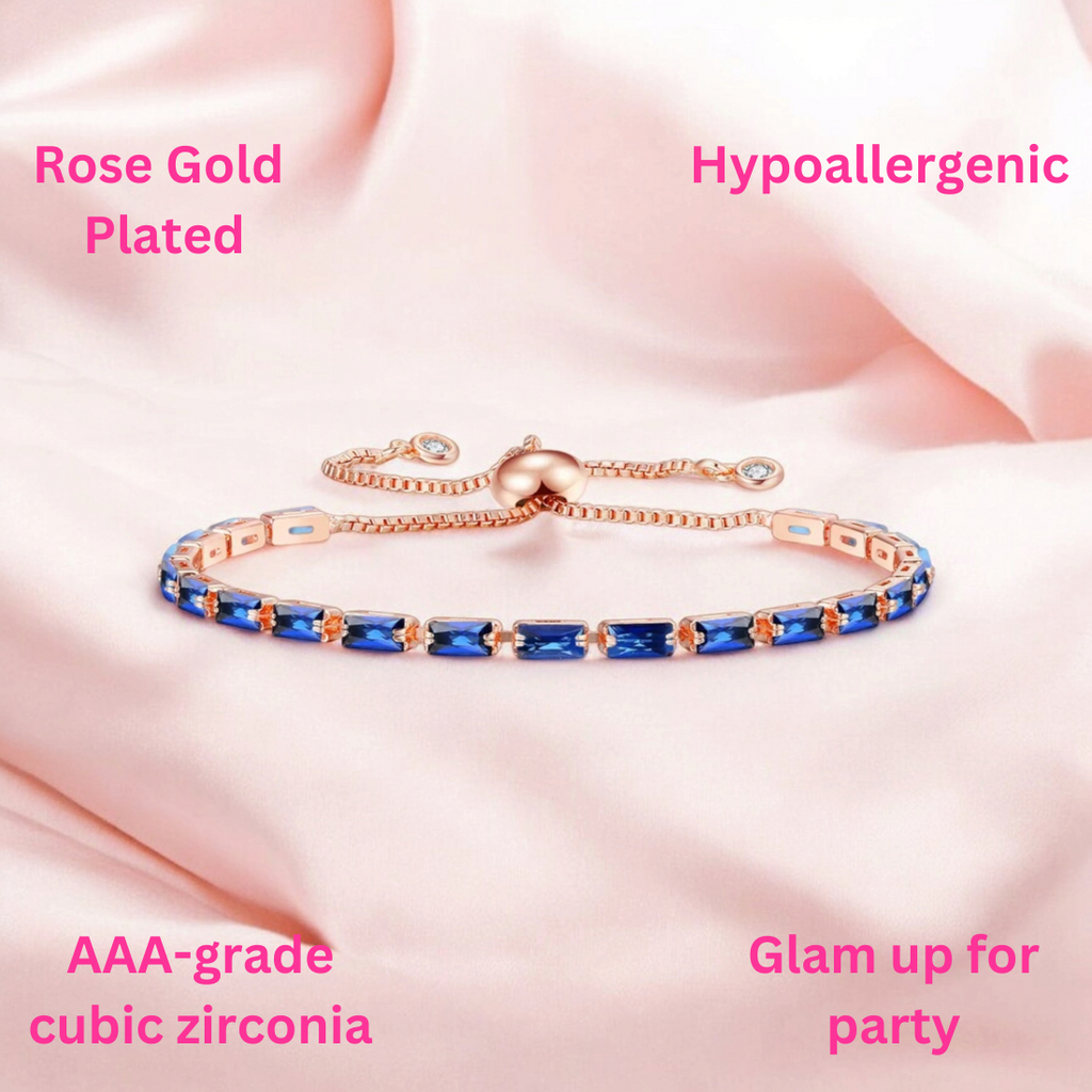 Tennis Bracelet| Rose Gold Plated Cubic Zirconia Adjustable Bracelet| Stylish Fashion Jewellery Gift for Girls & Women (Blue)
